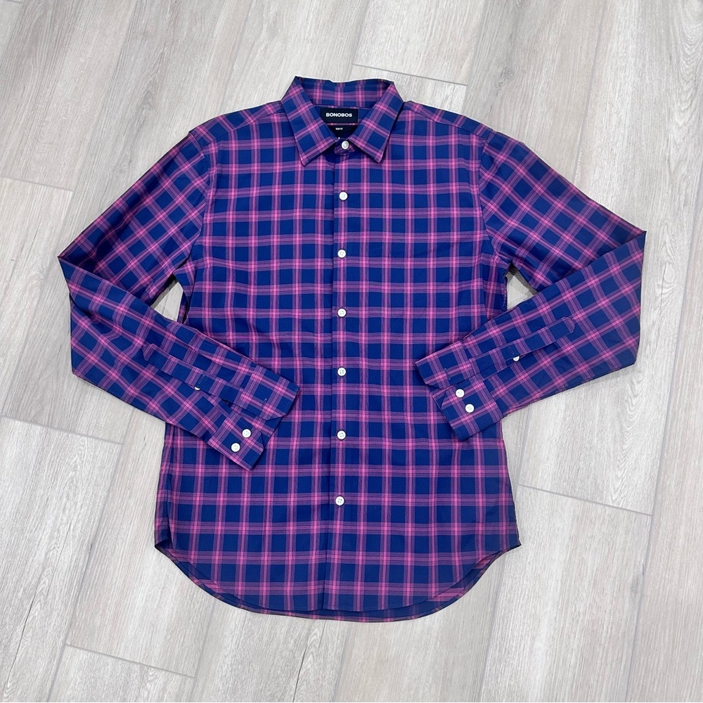 Bonobos men’s slim fit collared button down blue pink plaid medium